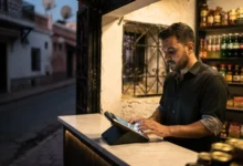 A Moroccan hanout shopkeeper using a digital payment terminal inside a traditional neighbourhood corner shop, illustrating the Commerce 2030 digitisation programme.