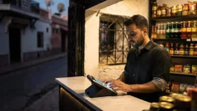 A Moroccan hanout shopkeeper using a digital payment terminal inside a traditional neighbourhood corner shop, illustrating the Commerce 2030 digitisation programme.