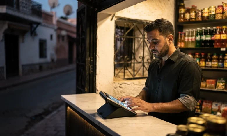 A Moroccan hanout shopkeeper using a digital payment terminal inside a traditional neighbourhood corner shop, illustrating the Commerce 2030 digitisation programme.